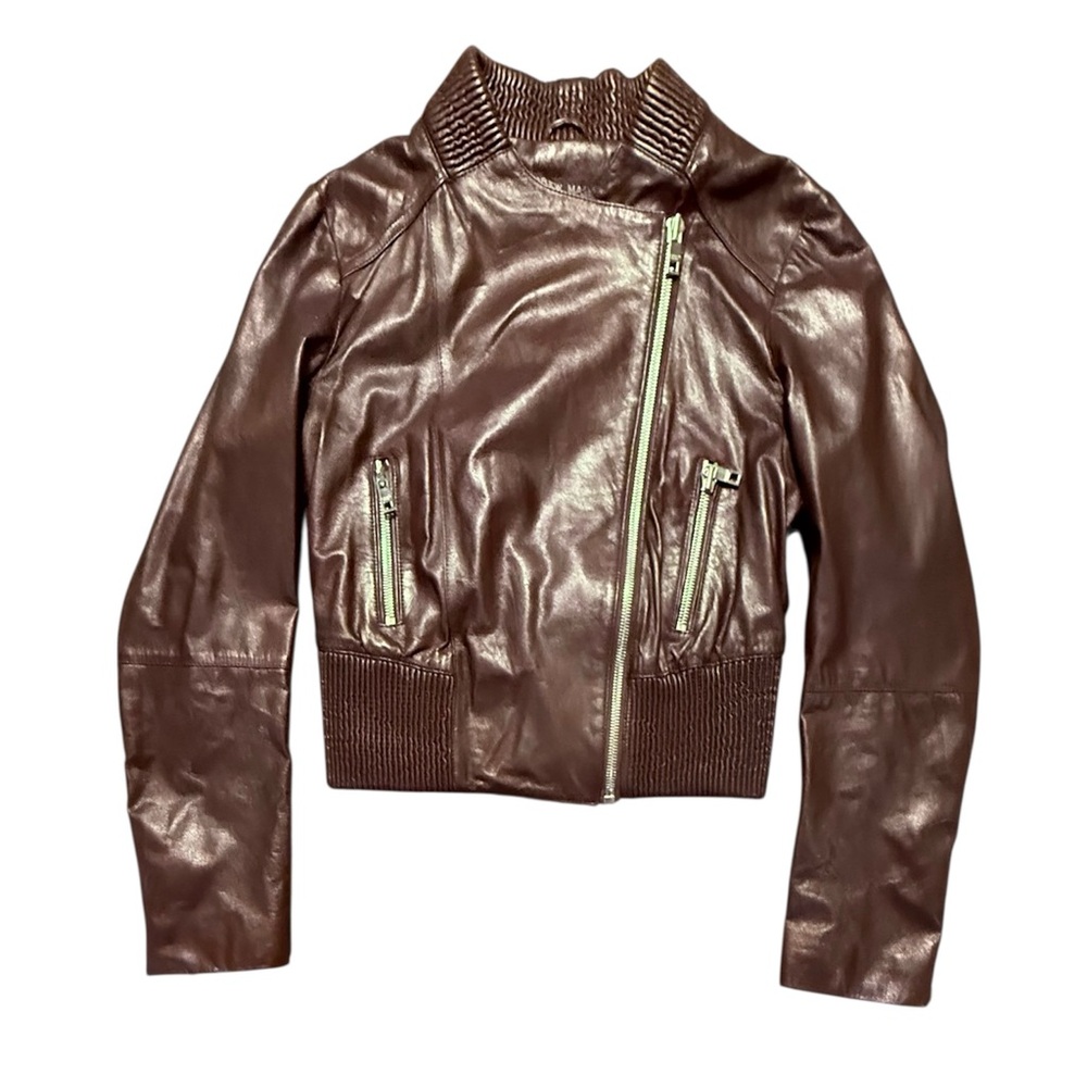 Andrew Marc Brown Leather Bomber/Moto Jacket Size Small MSRP $300